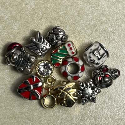 Assortment Of Christmas Themed, Gold Toned, Solver Toned And Enameled Metal Beads