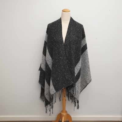 Millers Classy /Super Soft & Cozy/ Knit /Black & Grey Stripe with Fringe End Detail /Shawl /Shoulder Wrap 