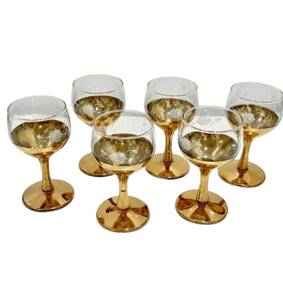 Vintage Gold Etched Wine Glasses x 6
