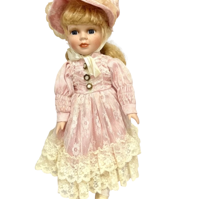 Vintage Style Porcelain Collector Doll in Pink Lace Dress