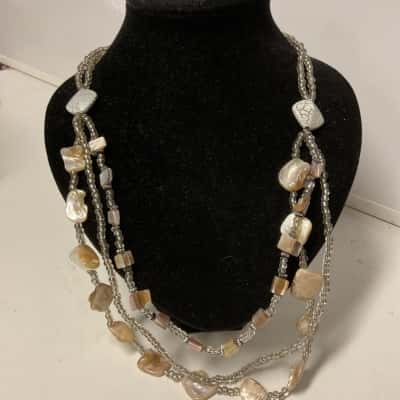  Womens Necklace triple strand shell and glass beads