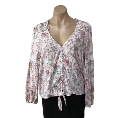 Just Jeans Womens Size 8 Pink Floral Linen Blend Button Up Tie Front Long Sleeve Top 