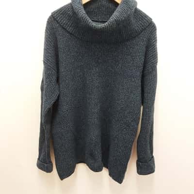 RM Williams Womens  Size 12 two-tone chunky knit blue Cowl neck pure Lambswool  sweater jumper