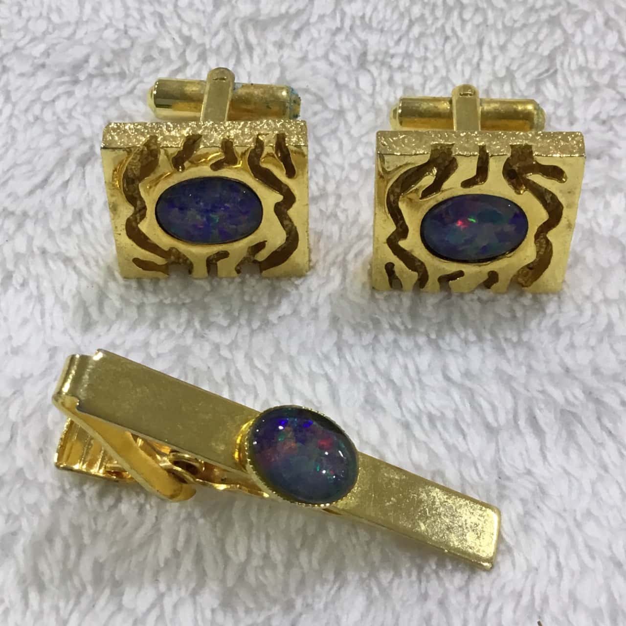 Boutons De Manchette Et Barre De Cravate Vintage Swank - Or Et Opales - Occasion