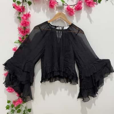 Witchery Womens Long Sleeve Ruffle Trim Top Size 6 Black  