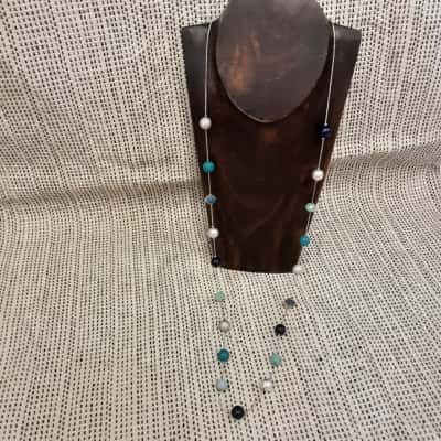 Silvertone link chain necklace with blue and silver beads