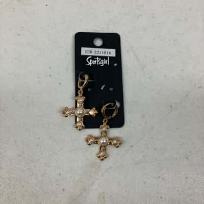 Sportsgirl Crucifix Pearl Gold Toned Earrings