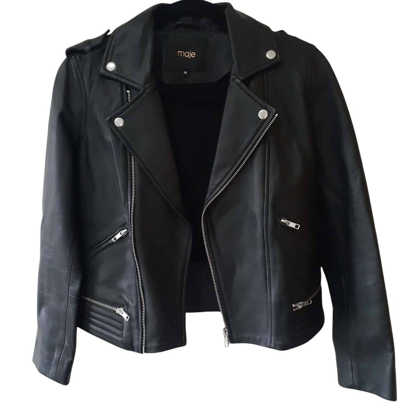 maje-women-s-size-38-black-leather-biker-jacket-s-used-as-new
