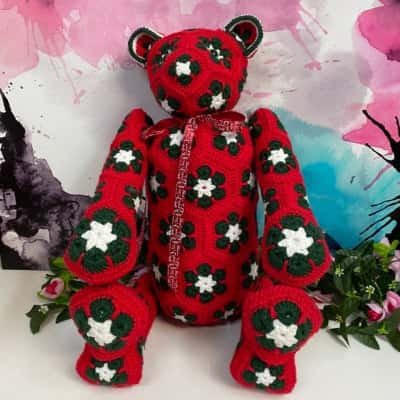 Christmas Crocheted Large Red, green and White Teddy Bear - Made in store by our own Volunteer 