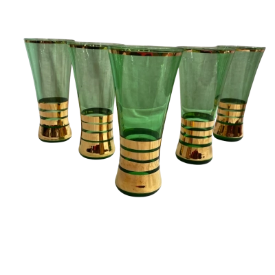 Vintage bohemian mid century drinking glasses - Emerald green with gold overlays