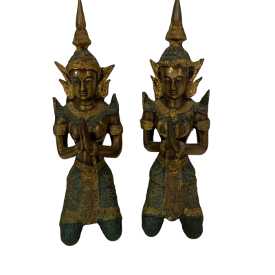 Pair of Thai Buddha Teppanom Kneeling Guardian Angel Sculpture Statues