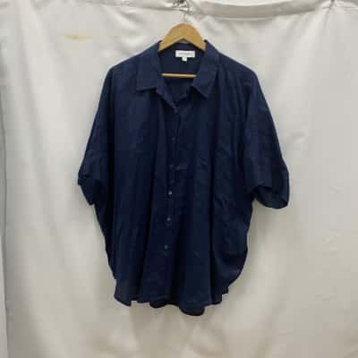 Witchery Women's Size 14 100% Linen Short Sleeve Shirt /  Top Navy Blue 