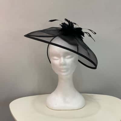  Womens  Large Fascinator Black Mesh & Feathers 