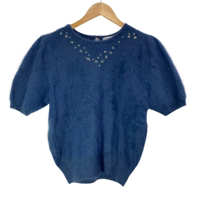 Vi Gion Navy Blue Floral Detail Flurry Angora Short-sleeve Top Size M