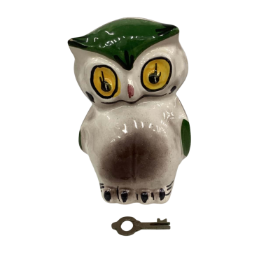 Rare Vintage MCM Ceramic Owl Money Box with Key (Some Chips, See Photos)