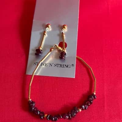  Women's Stone & String  Bracelet & Earrings Set featuring Dark Red Garnets