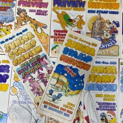 Collection of 12 vintage Australian Junior Stamp Preview leaflets from the early 1980s