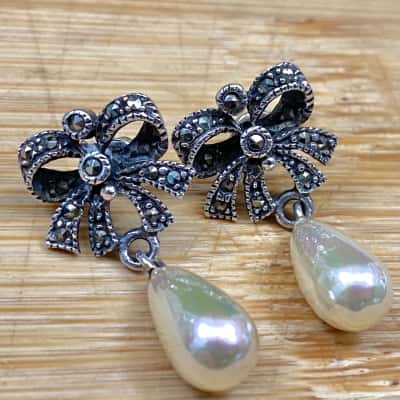 Sterling Silver Bow/Faux Pearl Earrings (Stamped 925)