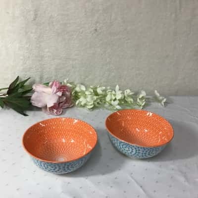 Certified International Set of 2 Blue / White / Orange Pattern Porcelain Bowls