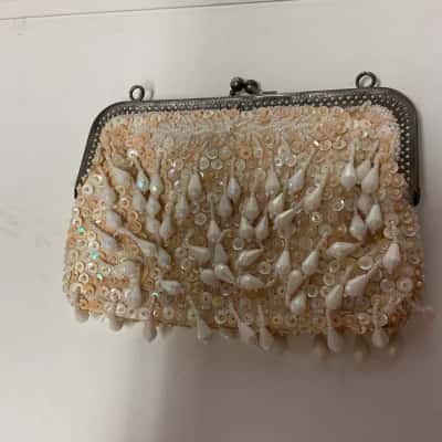  Womens beaded and sequins Clutch Cream / Silver tones