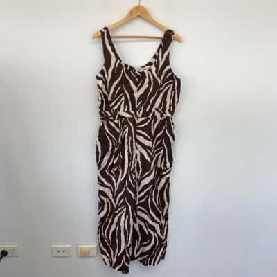 Country Road White Brown Organic Linen Sleeveless Jumpsuit Size 12 