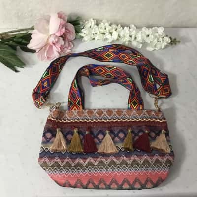 Multicoloured Woven Pattern Handbag with Tassels & Detachable Strap (new)