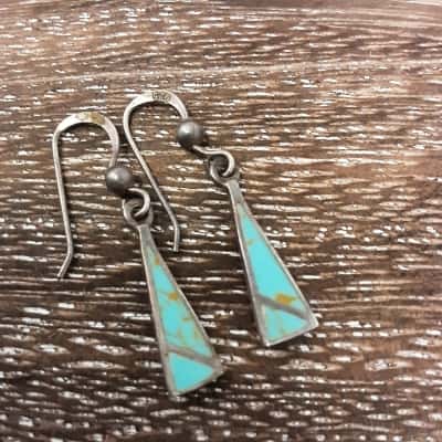  Womens Earrings 925 silver dangle earrings featuring triangle  turquoise inlay stones