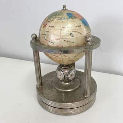 Beautiful Antique Precious Gemstone Rotating World Globe With Clock, Hydrometer And Temperature