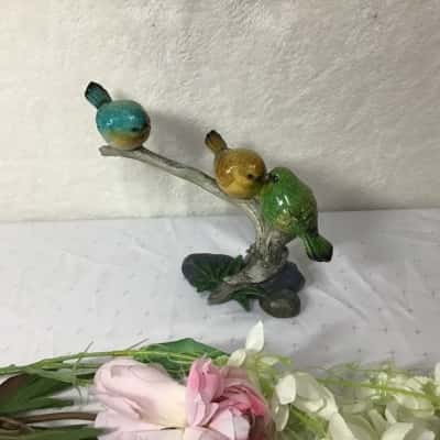 Three Coloured Ceramic Birds on Tree Branch Ornament 