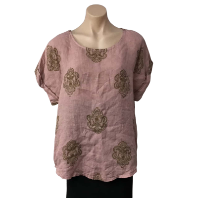 Donna Donna Womens Size S / M Dusty Pink / Gold Pattern 100% Linen Short Sleeve Top (new)