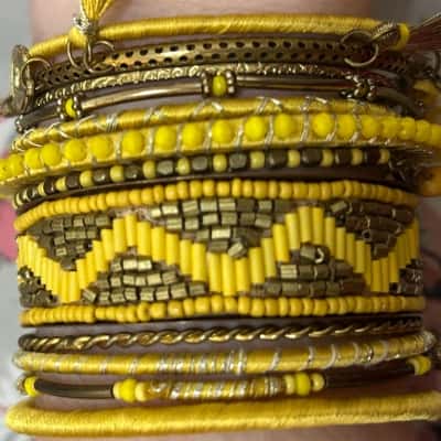 Women’s Traditional Indian 12 Piece Yellow Bangle Bracelets Set (B14)
