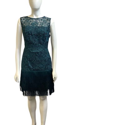 Review Womens  Size 14 Lace & Fringe Trim Sleeveless Dress Teal