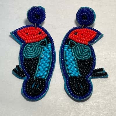 Beaded Bird Earrings - Blue, Black, Red
