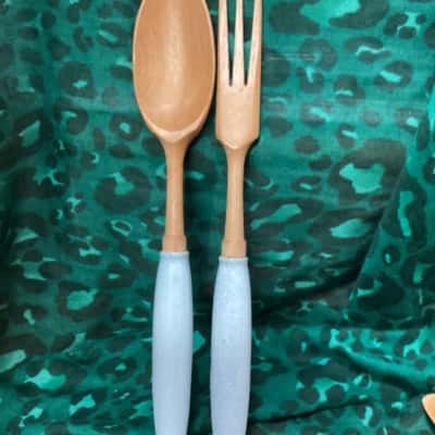 Salad Servers, Wooden with Ceramic Handles