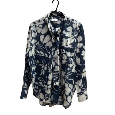 MEGAN PARK Women's  Size 2 100% Cotton Tie Neck Shirt / Long Sleeve Shirt Grey / Navy Blue / Pattern  RRP: $379.00
