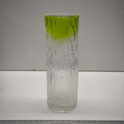 Vintage Scandinavian Style Heavy Bark Ice Glass Cylinder Vase Green Gradient
