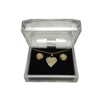 Gold-tone Textured Pave’ Heart Pendant Necklace & Matching Dome-shaped Cluster Earrings - Brand New In Box