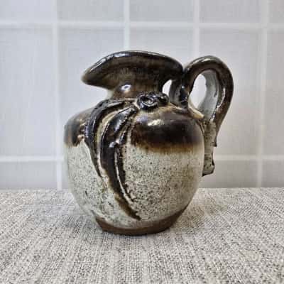 Vintage Australian Studio Pottery Jug – Gumnut & Eucalyptus Leaf Motif – Earthy Drip Glaze