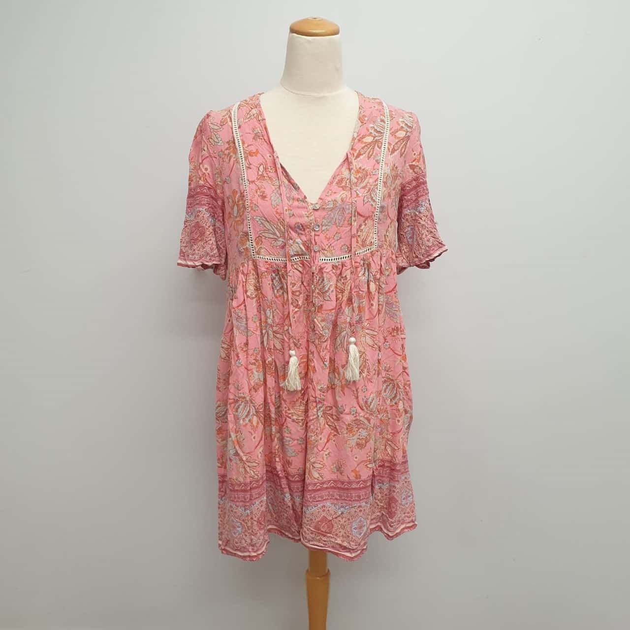 Vine Apparel Cute Salmon Pink Leaf Print Mini Dress With Bodice Cream