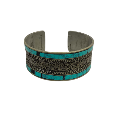 Vintage Womens Bangle Turquoise Inlay with Engaved Mixed Metal Ba