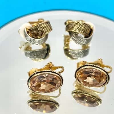 Vintage Gold Silver Twist Clip On Earrings & Large Gemstone Clip On Earrings 