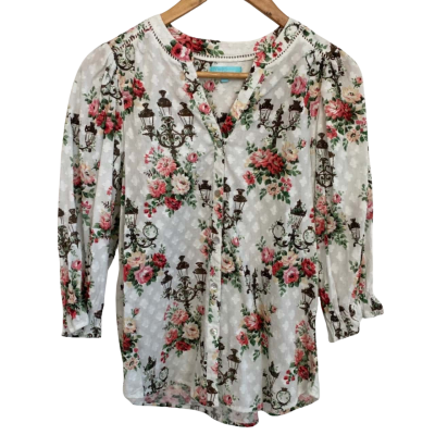 Blue Illusion Womens  Size XXS Button Up Top / Long Sleeve Top Floral / Multicoloured / White 