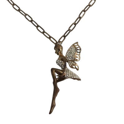 Vintage Womens Necklace Gold Tone Rhinestone Fairy on Leather 
