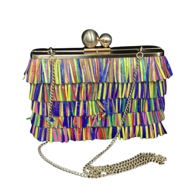 Olga Berg Raffia Clutch Multicoloured with Gold Trim