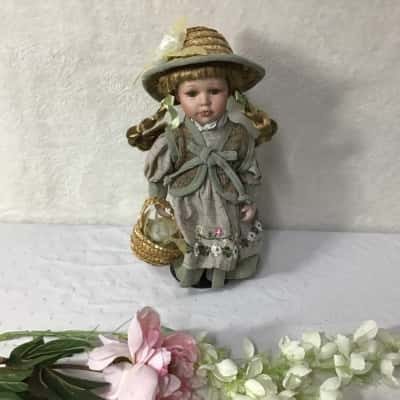 Vintage Hand Painted Porcelain Doll with Straw Hat & Basket