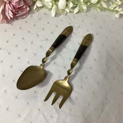 Vintage SIAM Brass Buddha & Wood Serving Spoon and Fork Set