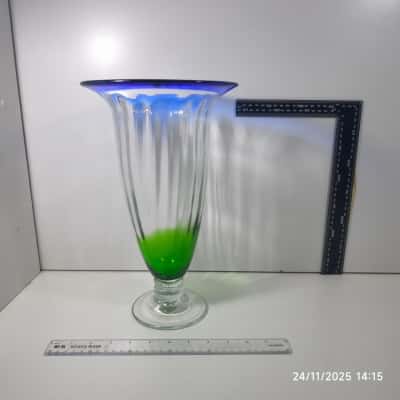 Maxwell and Williams Blue Green and Clear Glass Tall Vase Footed 