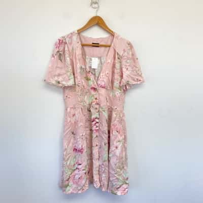 Dotti Pink Floral Short Sleeve Midi Dress Size 14 