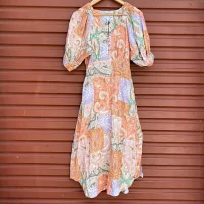 Witchery Womens Size 8 Multicoloured Paisley Patchwork Short Sleeve Linen Dress  