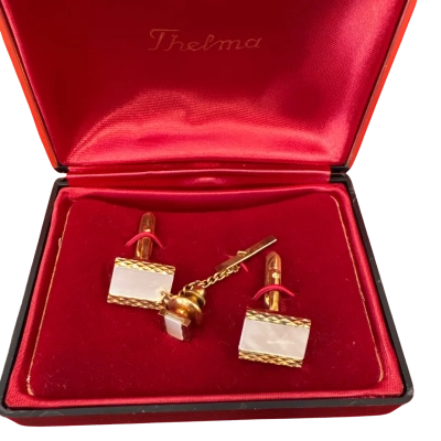 Mens Vintage Gold Tone Cufflinks and Tie Pin with Mother of Pearl Inlay